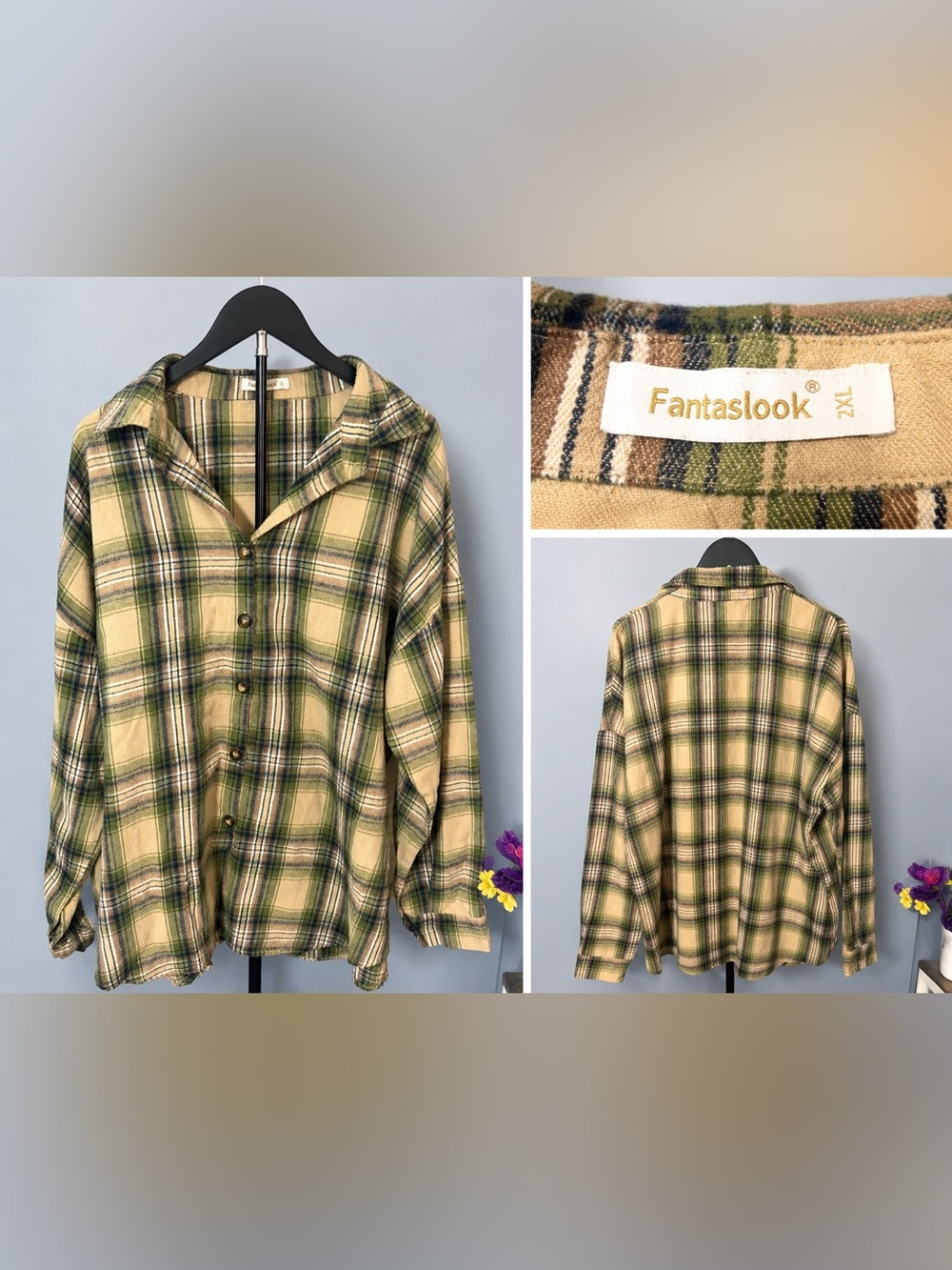 Fantaslook Plaid Flannel Button Down Shirt Shacket Green Tan Plus Size 1XL